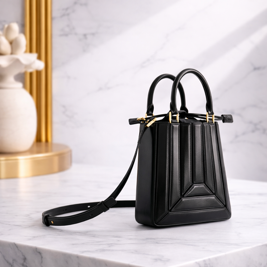 Luxury Tall Mini Tote Handbag – Sculptural Structured Leather Top Handle Bag in Black