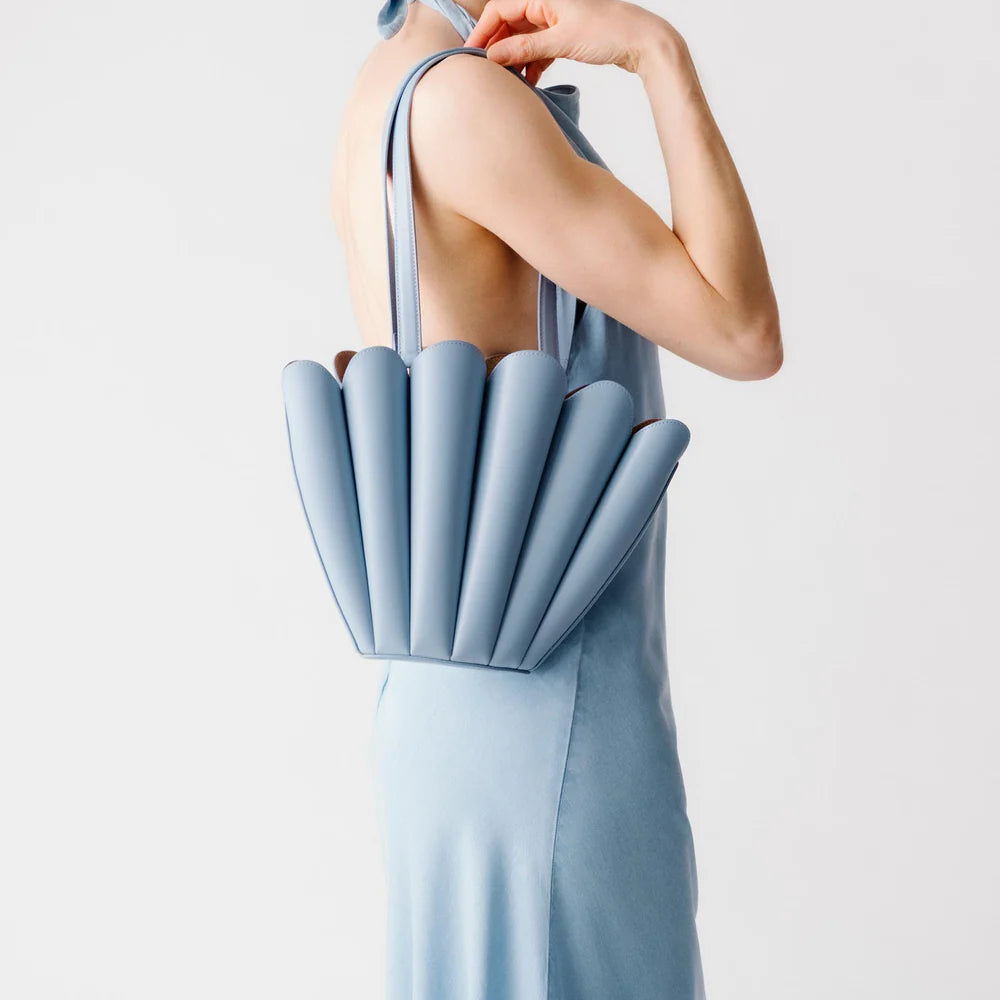 Luxury Seashell Mini Tote Handbag – Sculptural Leather Shoulder Bag in Soft Blue