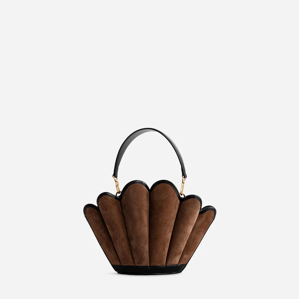 Luxury Seashell Canvas Handbag – Sculptural Top Handle Statement Bag in Beige & Tan