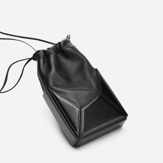Luxury Leather Phone Pouch – Mini Drawstring Crossbody Bag in Black