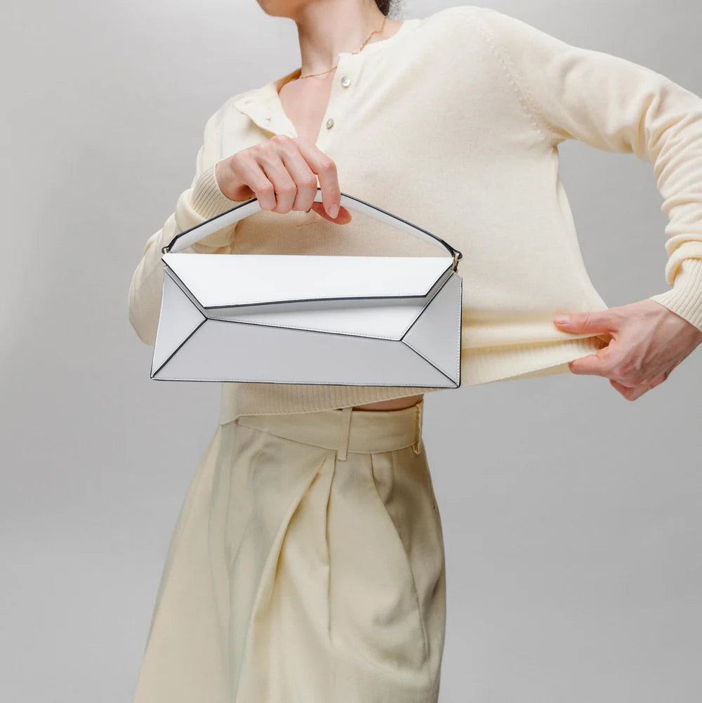 Luxury White Geometric Handbag – Minimalist Top Handle Statement Bag