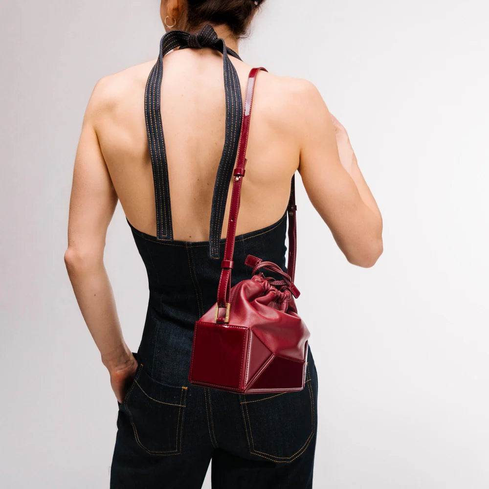 Luxury Patent Leather Drawstring Pouch Bag – Sculptural Mini Handbag in Black