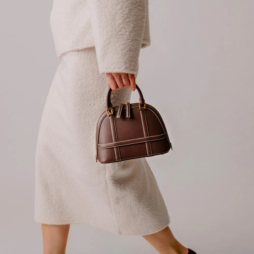 Luxury Dome Mini Handbag – Structured Leather Top Handle Bag in Off-White