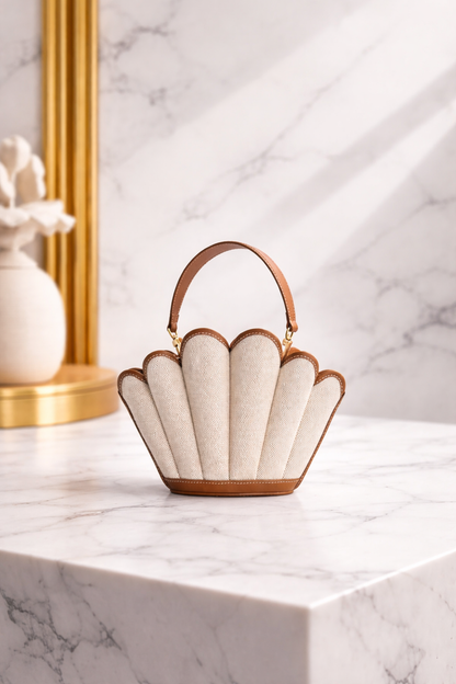 Luxury Seashell Canvas Handbag – Sculptural Top Handle Statement Bag in Beige & Tan