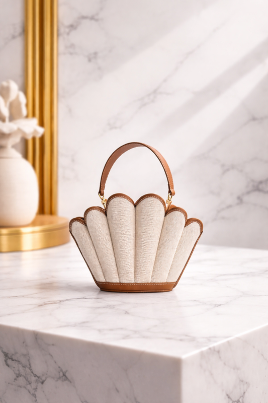 Luxury Seashell Canvas Handbag – Sculptural Top Handle Statement Bag in Beige & Tan