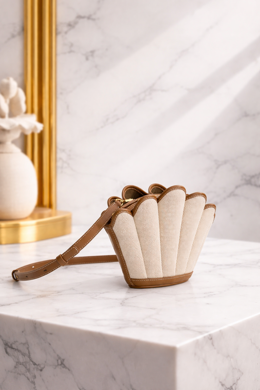 Luxury Seashell Canvas Handbag – Sculptural Top Handle Statement Bag in Beige & Tan