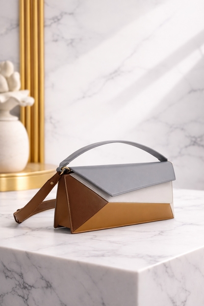 Luxury Geometric Color-Block Handbag – Modern Top Handle Statement Bag in Neutral Tones