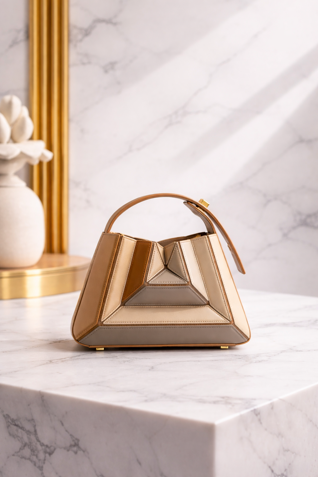 Luxury Sculptural Neutral Handbag – Modern Top Handle Statement Bag