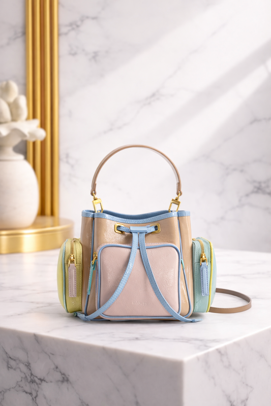 Luxury Multicolor Bucket Handbag – Modern Drawstring Top Handle Statement Bag