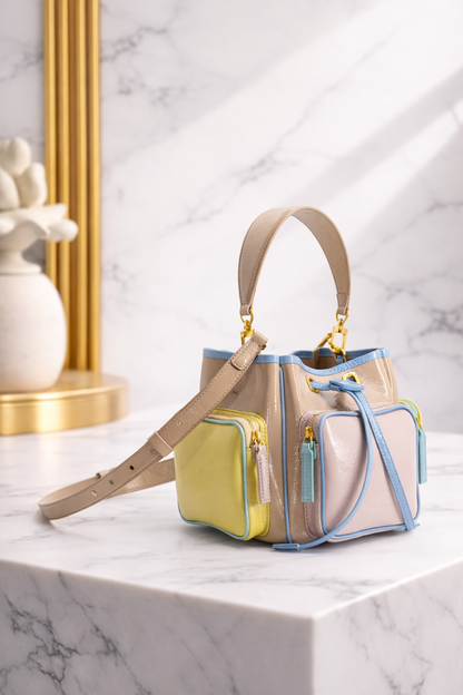 Luxury Multicolor Bucket Handbag – Modern Drawstring Top Handle Statement Bag