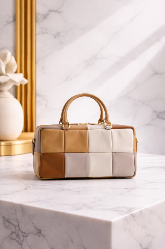 Luxury Padded Grid Leather Handbag – Soft Structured Top Handle Bag in Neutral Tones