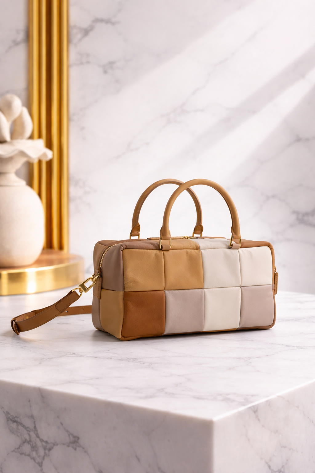 Luxury Padded Grid Leather Handbag – Soft Structured Top Handle Bag in Neutral Tones