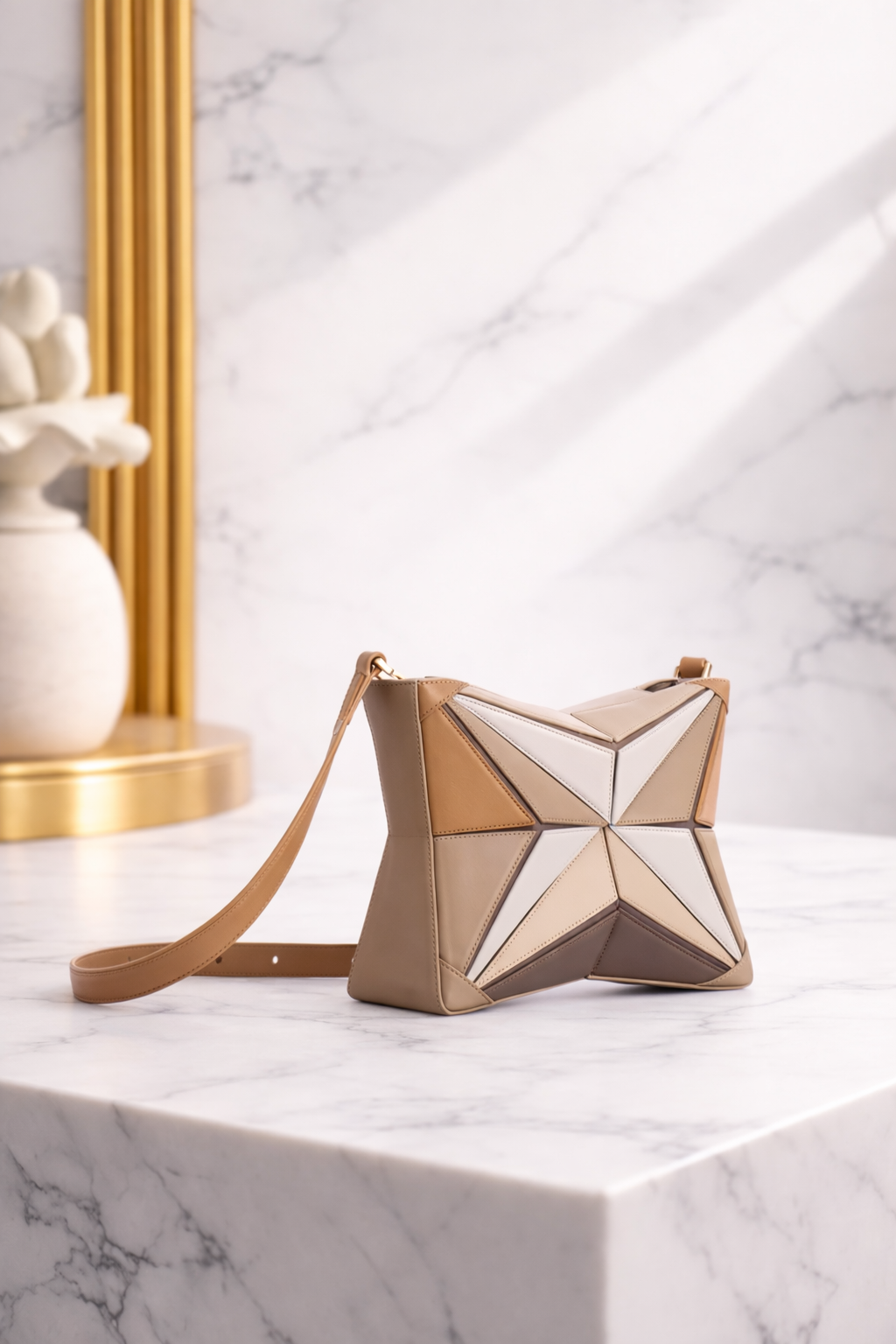Luxury Sculptural Star-Panel Crossbody Bag – Architectural Leather Statement Handbag