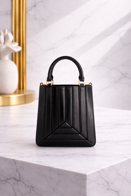 Luxury Tall Mini Tote Handbag – Sculptural Structured Leather Top Handle Bag in Black
