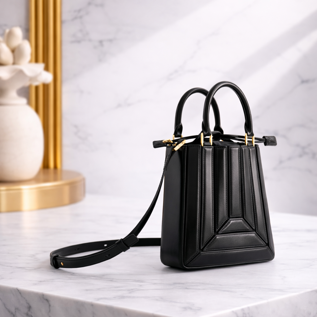 Luxury Tall Mini Tote Handbag – Sculptural Structured Leather Top Handle Bag in Black