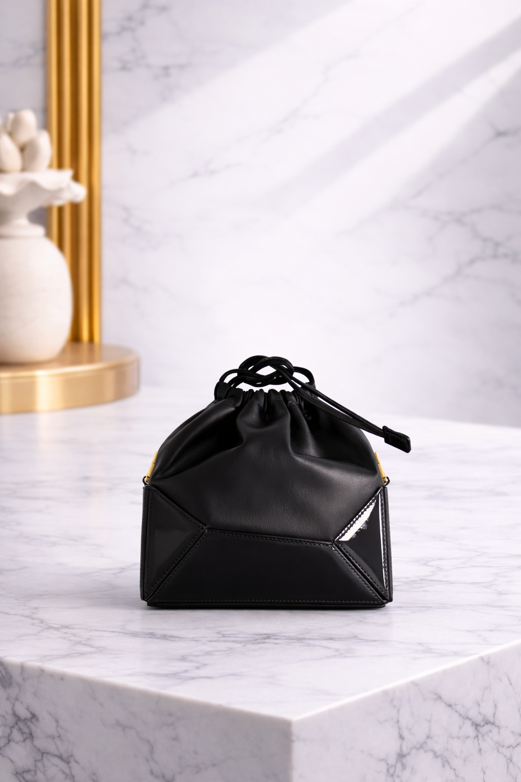 Luxury Patent Leather Drawstring Pouch Bag – Sculptural Mini Handbag in Black