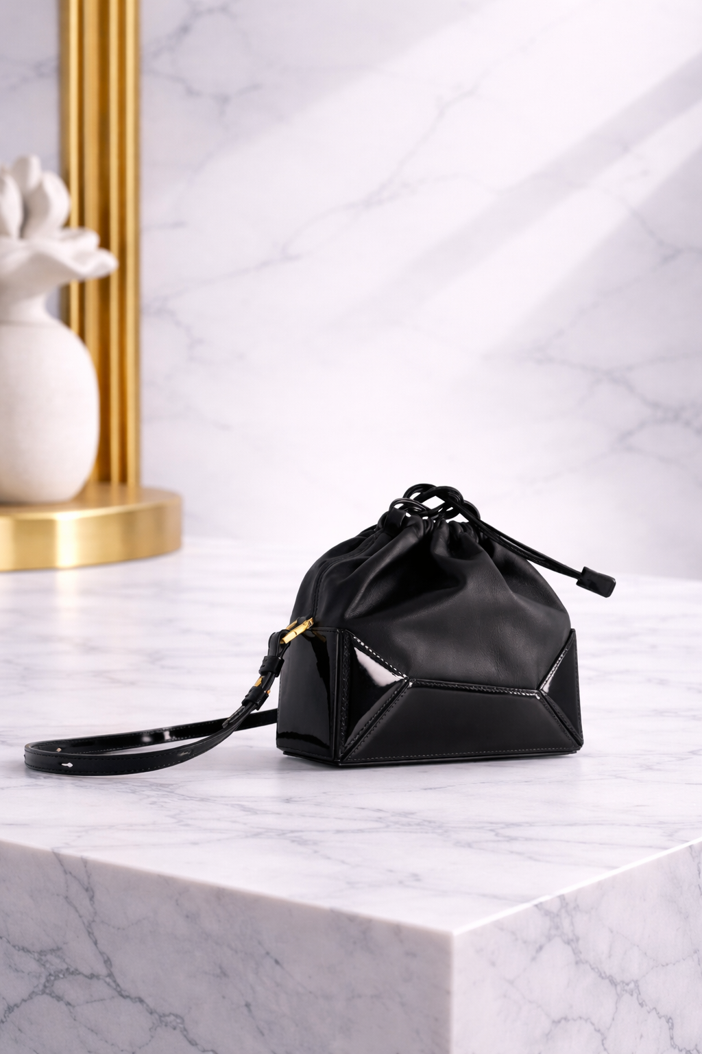 Luxury Patent Leather Drawstring Pouch Bag – Sculptural Mini Handbag in Black