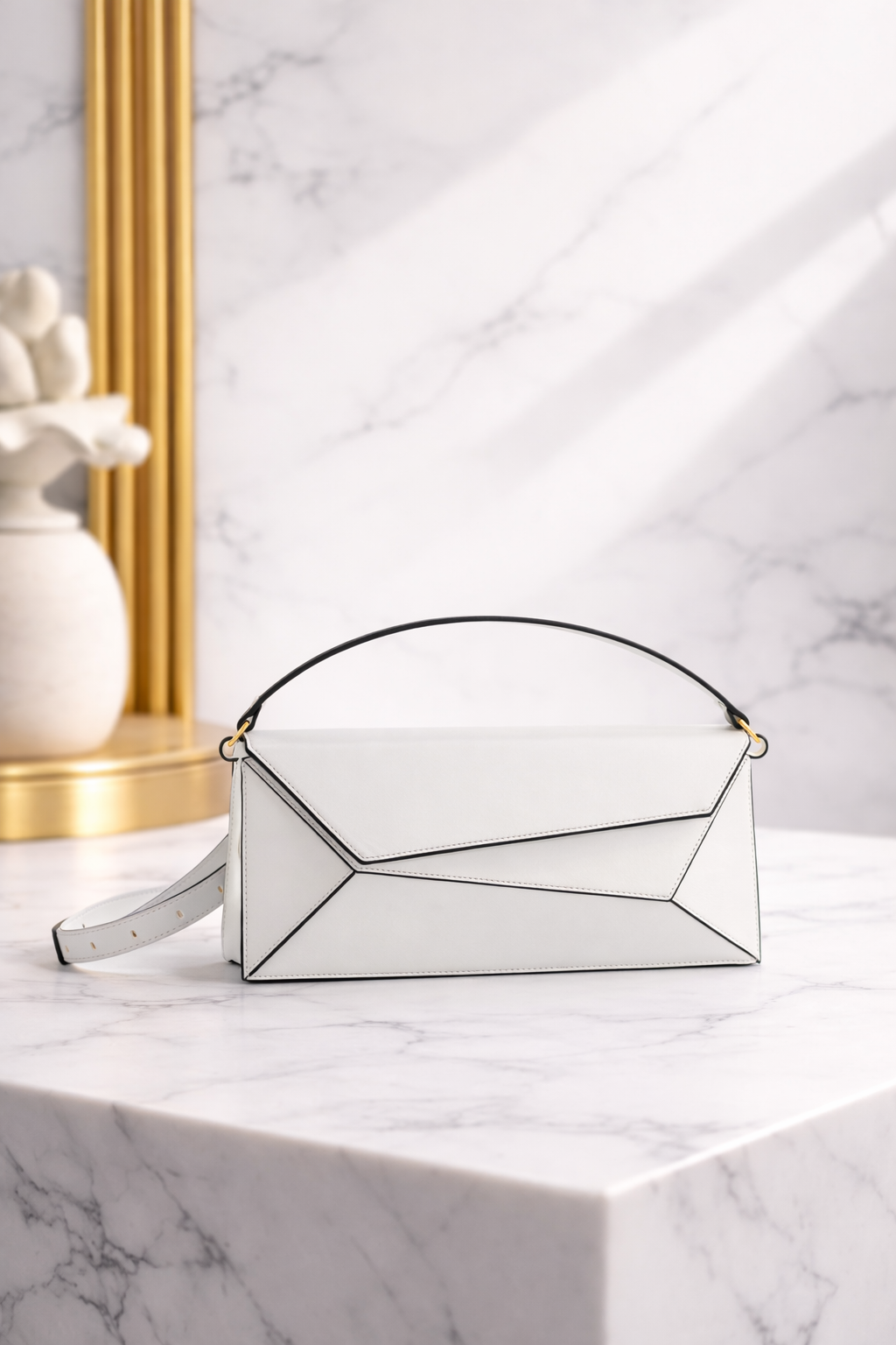 Luxury White Geometric Handbag – Minimalist Top Handle Statement Bag