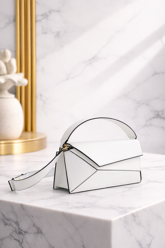Luxury White Geometric Handbag – Minimalist Top Handle Statement Bag