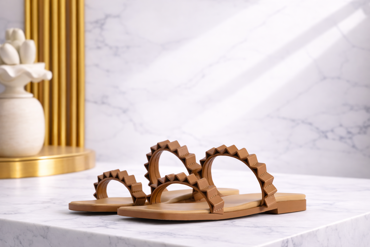 Tan Double Strap Flat Slide Sandals – Minimalist Everyday Women’s Footwear