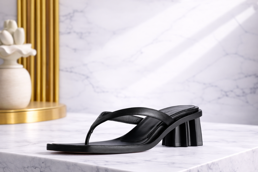 Black Thong Strap Heeled Sandals – Sculptural Block Heel Women’s Footwear