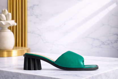 Emerald Green Puffy Strap Heeled Sandals – Sculptural Block Heel Women’s Footwear
