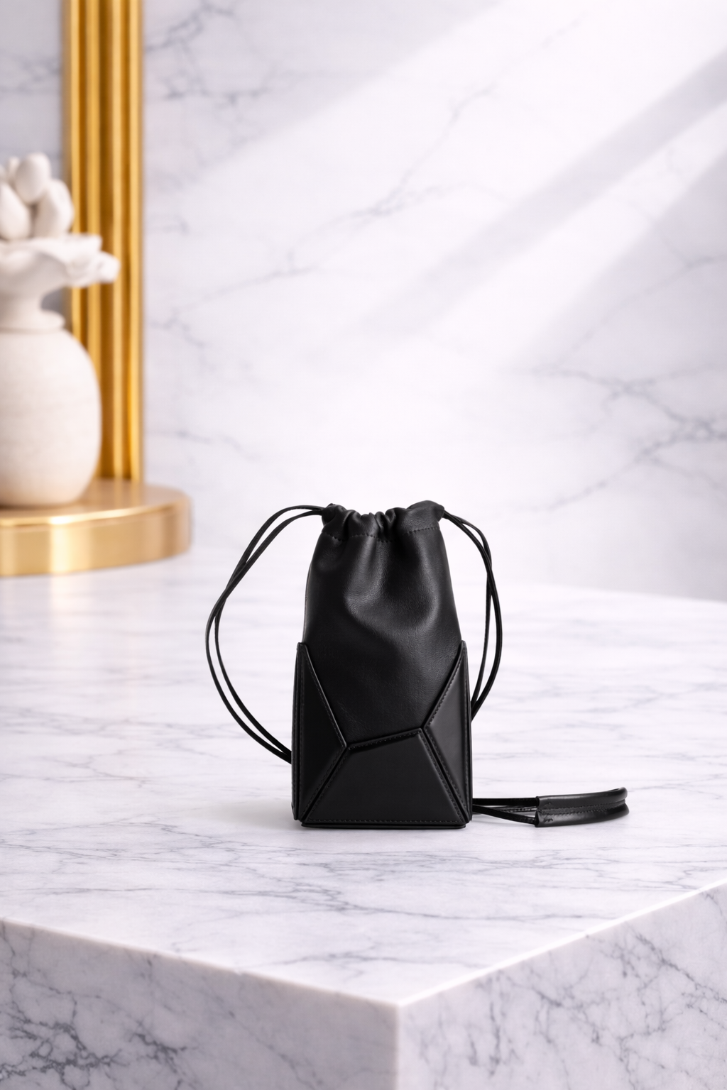 Luxury Leather Phone Pouch – Mini Drawstring Crossbody Bag in Black