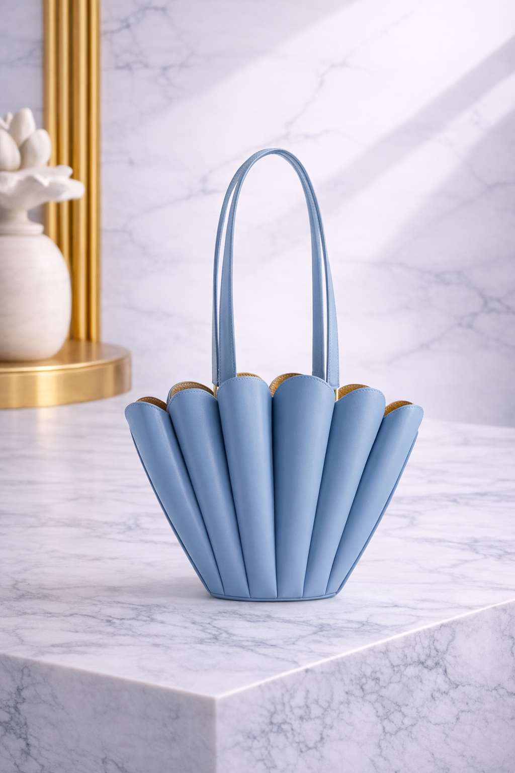 Luxury Seashell Mini Tote Handbag – Sculptural Leather Shoulder Bag in Soft Blue