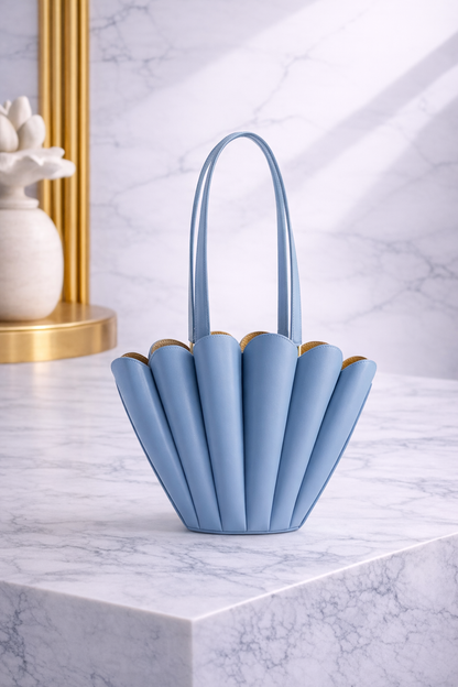 Luxury Seashell Mini Tote Handbag – Sculptural Leather Shoulder Bag in Soft Blue