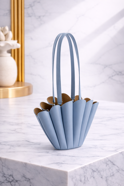 Luxury Seashell Mini Tote Handbag – Sculptural Leather Shoulder Bag in Soft Blue