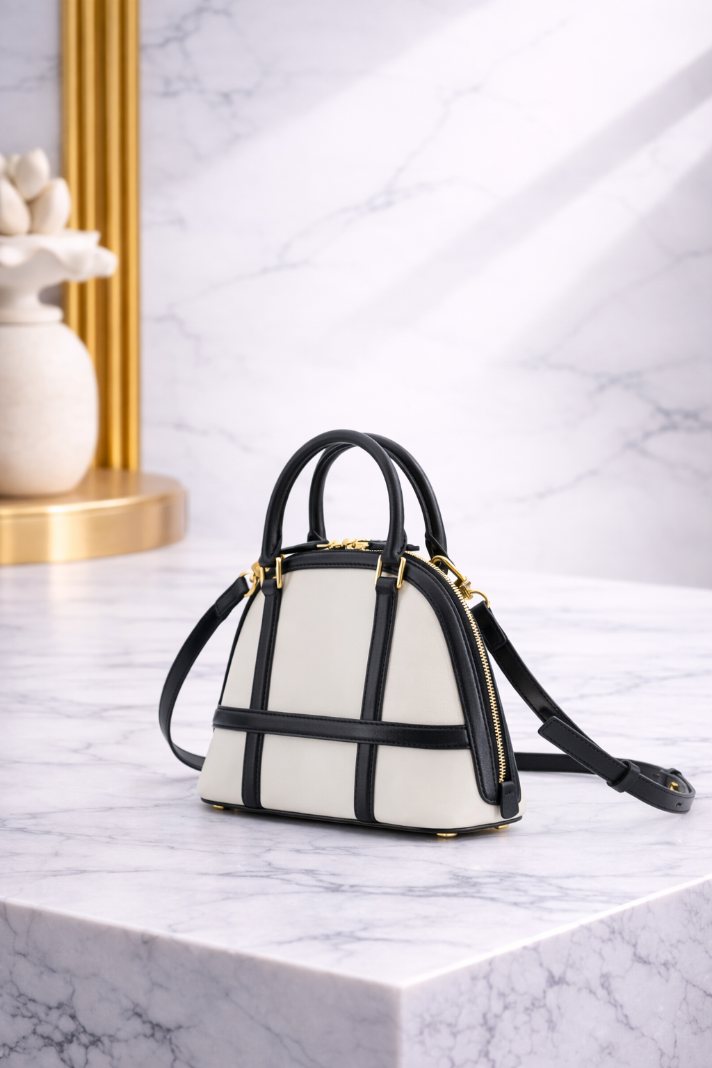Luxury Dome Mini Handbag – Structured Leather Top Handle Bag in Off-White