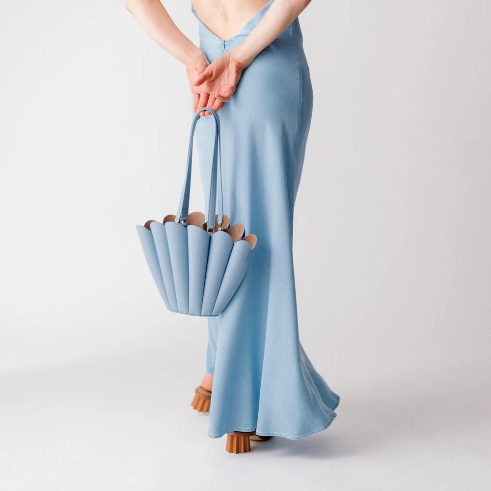 Luxury Seashell Mini Tote Handbag – Sculptural Leather Shoulder Bag in Soft Blue