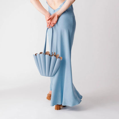 Luxury Seashell Mini Tote Handbag – Sculptural Leather Shoulder Bag in Soft Blue