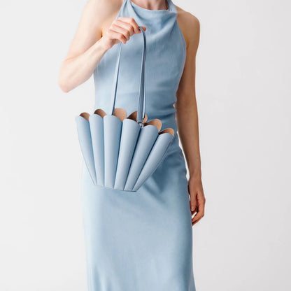 Luxury Seashell Mini Tote Handbag – Sculptural Leather Shoulder Bag in Soft Blue