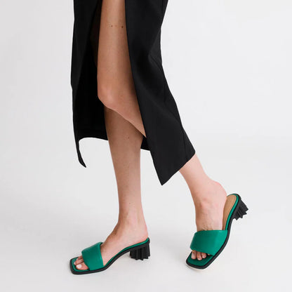 Emerald Green Puffy Strap Heeled Sandals – Sculptural Block Heel Women’s Footwear