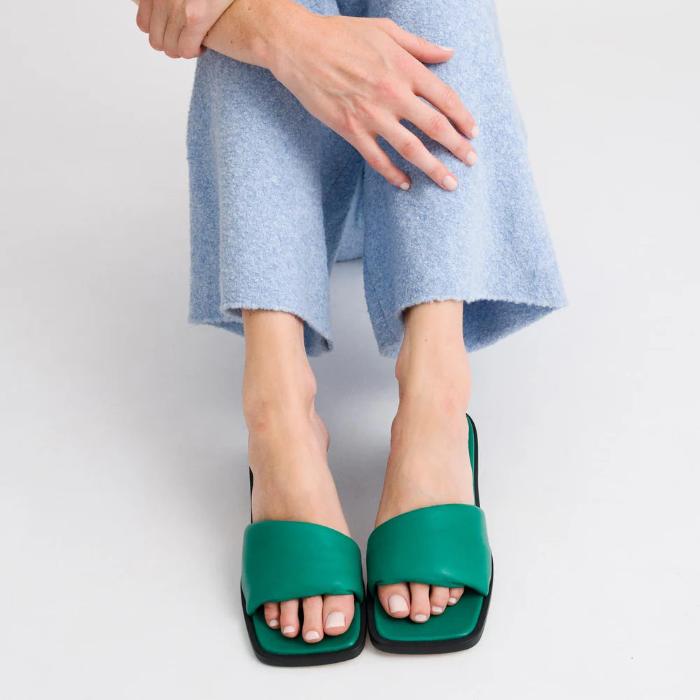 Emerald Green Puffy Strap Heeled Sandals – Sculptural Block Heel Women’s Footwear
