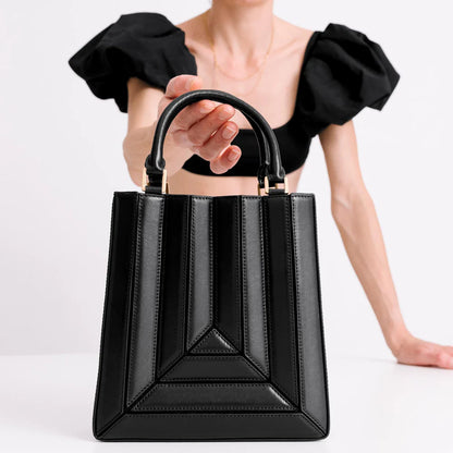 Luxury Tall Mini Tote Handbag – Sculptural Structured Leather Top Handle Bag in Black