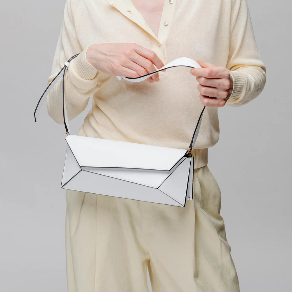 Luxury White Geometric Handbag – Minimalist Top Handle Statement Bag