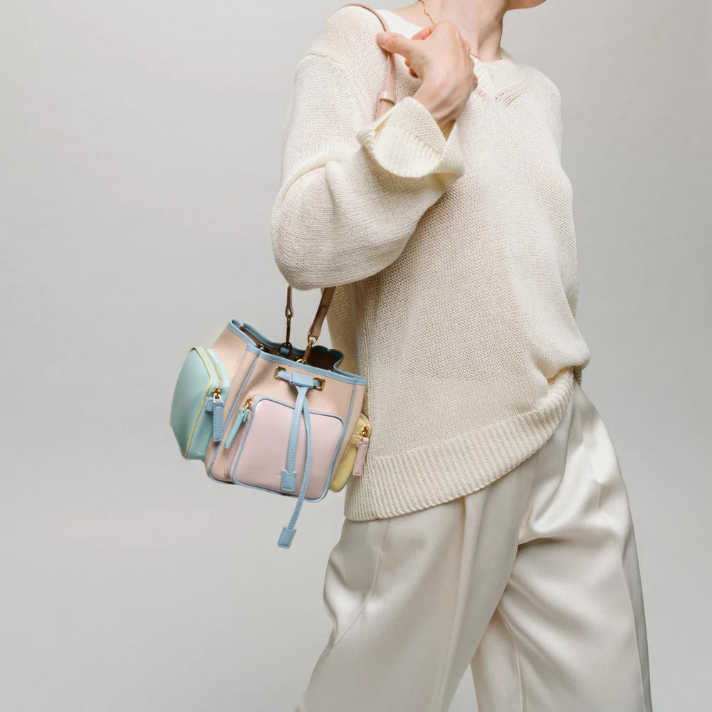 Luxury Multicolor Bucket Handbag – Modern Drawstring Top Handle Statement Bag