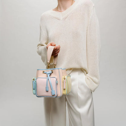 Luxury Multicolor Bucket Handbag – Modern Drawstring Top Handle Statement Bag