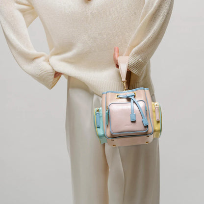 Luxury Multicolor Bucket Handbag – Modern Drawstring Top Handle Statement Bag