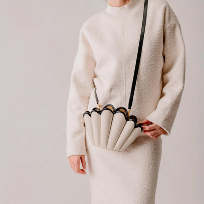 Luxury Seashell Canvas Handbag – Sculptural Top Handle Statement Bag in Beige & Tan